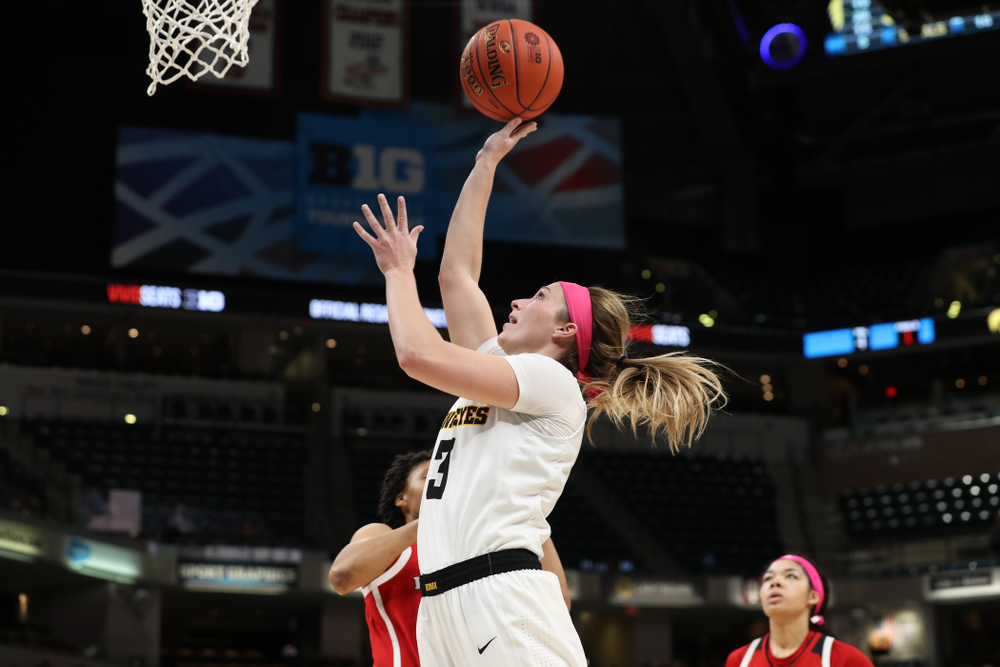 Iowa Hawkeyes guard Makenzie Meyer (3) against the Rutgers Scarlet Knights in the semi-finals of the Big Ten Tournament Saturday, March 9, 2019 at Bankers Life Fieldhouse in Indianapolis, Ind. (Brian Ray/hawkeyesports.com)