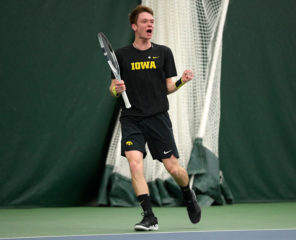 Iowa’s Jason Kerst celebrates a point during his singles match at the Hawkeye Tennis and Recreation Complex in Iowa City on Friday, March 6, 2020. (Stephen Mally/hawkeyesports.com)