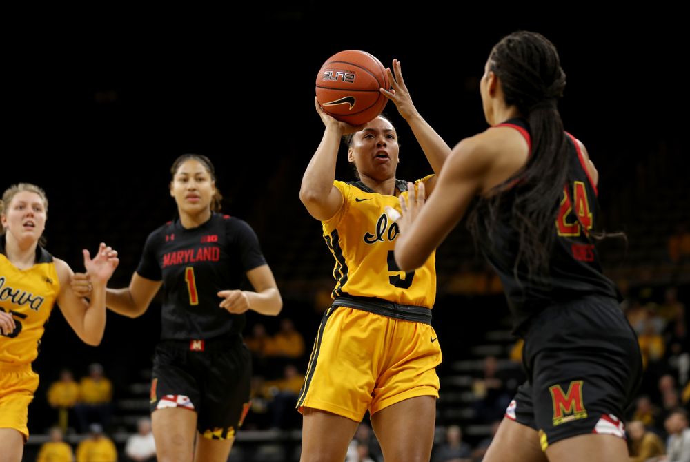 Iowa Hawkeyes guard Alexis Sevillian (5) against the Maryland Terrapins Thursday, January 9, 2020 at Carver-Hawkeye Arena. (Brian Ray/hawkeyesports.com)