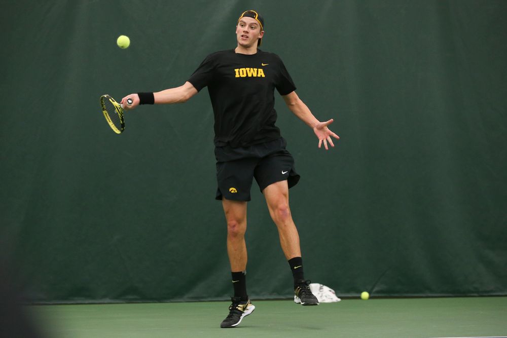Iowa’s Joe Tyler returns a hit during the Iowa men’s tennis meet vs VCU on Saturday, February 29, 2020 at the Hawkeye Tennis and Recreation Complex. (Lily Smith/hawkeyesports.com)