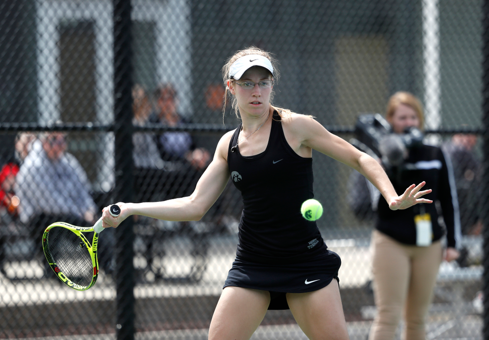 Iowa's Montana Crawford against the Wisconsin Badgers Sunday, April 22, 2018 at the Hawkeye Tennis and Recreation Center. (Brian Ray/hawkeyesports.com)