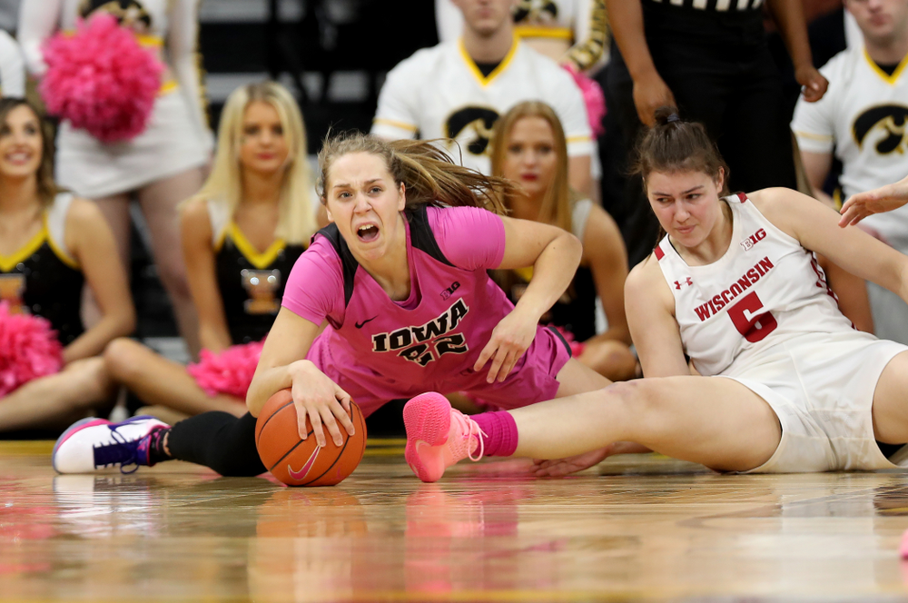 Iowa Hawkeyes guard Kathleen Doyle (22) against the Wisconsin Badgers Sunday, February 16, 2020 at Carver-Hawkeye Arena. (Brian Ray/hawkeyesports.com)