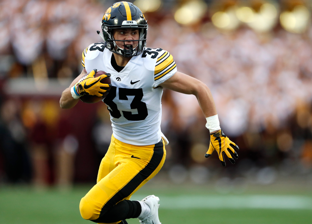 Iowa Hawkeyes defensive back Riley Moss (33) intercepts a pass against the Minnesota Golden Gophers Saturday, October 6, 2018 at TCF Bank Stadium. (Brian Ray/hawkeyesports.com)