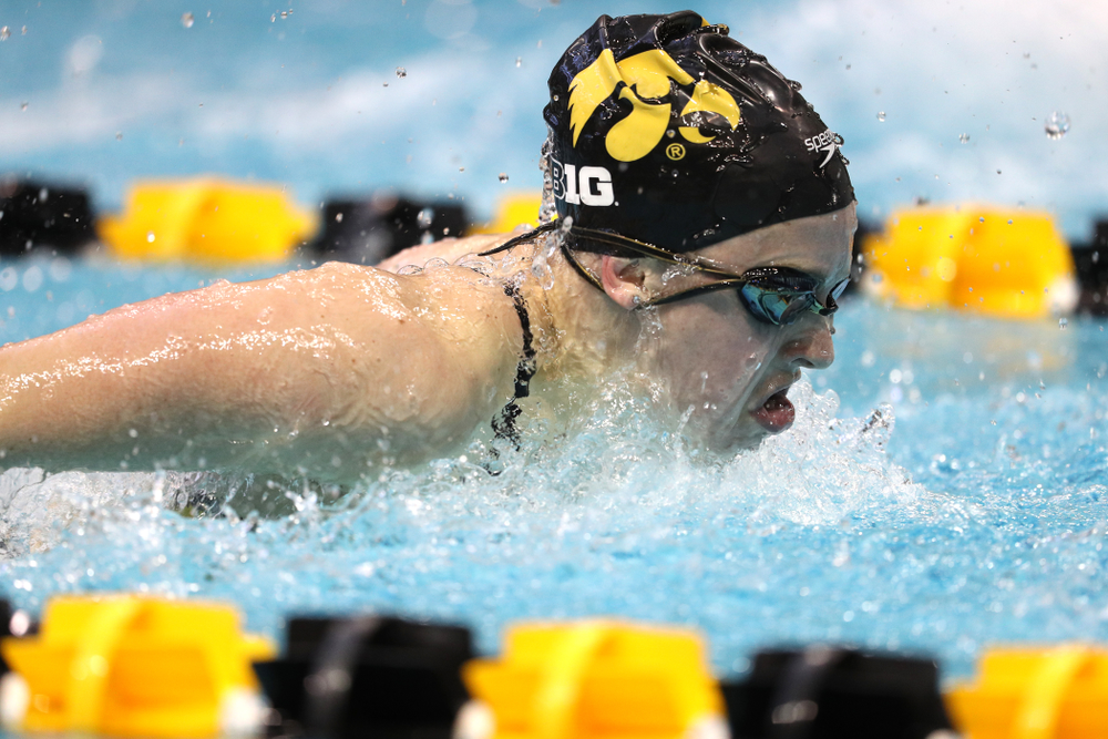 Iowa's Amy Lenderink swims the 200 yard butterfly during a double dual against Wisconsin and Northwestern Saturday, January 19, 2019 at the Campus Recreation and Wellness Center. (Brian Ray/hawkeyesports.com)
