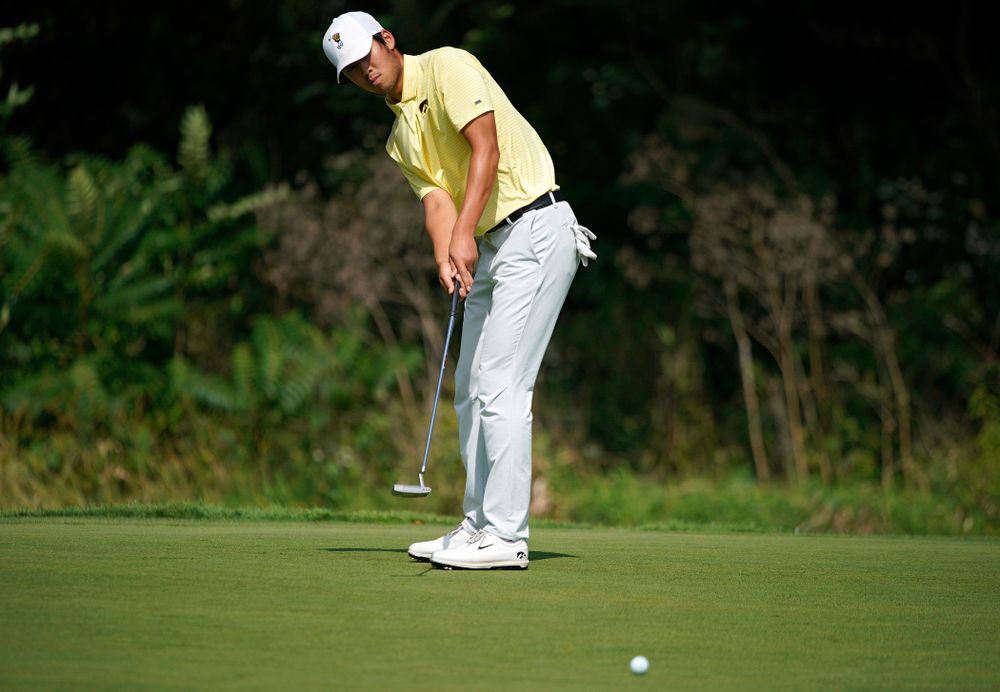 Iowa’s Joe Kim putts during the third day of the Golfweek Conference Challenge at the Cedar Rapids Country Club in Cedar Rapids on Tuesday, Sep 17, 2019. (Stephen Mally/hawkeyesports.com)