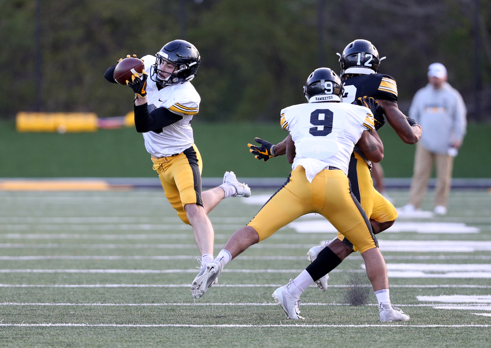 Iowa Hawkeyes defensive back Riley Moss (33) intercepts a pass during the teamÕs final spring practice Friday, April 26, 2019 at the Kenyon Football Practice Facility. (Brian Ray/hawkeyesports.com)