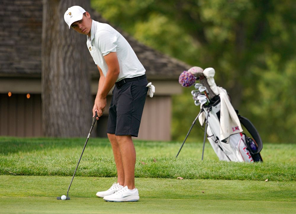 Iowa’s Garrett Tighe lines up a putt during the second day of the Golfweek Conference Challenge at the Cedar Rapids Country Club in Cedar Rapids on Monday, Sep 16, 2019. (Stephen Mally/hawkeyesports.com)