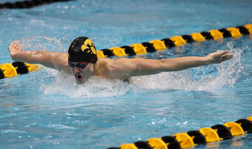 Iowa's Anze Fers Erzen competes in the 400-yard individual medley during a meet against Michigan and Denver at the Campus Recreation and Wellness Center on November 3, 2018. (Tork Mason/hawkeyesports.com)
