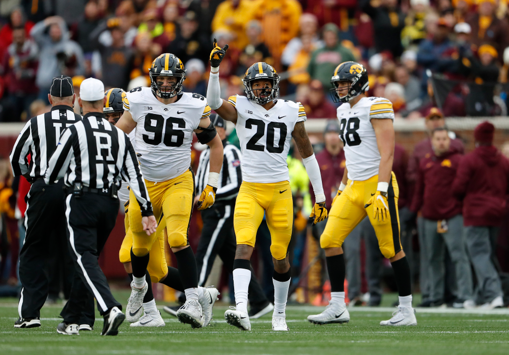 Iowa Hawkeyes defensive back Julius Brents (20) against the Minnesota Golden Gophers Saturday, October 6, 2018 at TCF Bank Stadium. (Brian Ray/hawkeyesports.com)