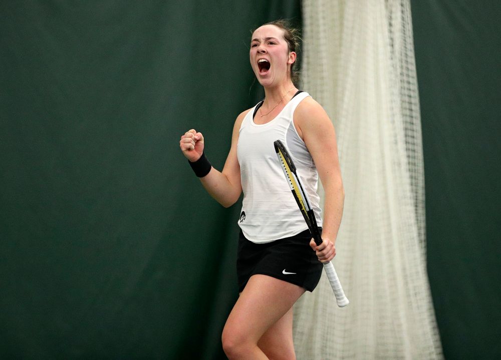Iowa’s Samantha Mannix celebrates a point during her singles match at the Hawkeye Tennis and Recreation Complex in Iowa City on Sunday, February 23, 2020. (Stephen Mally/hawkeyesports.com)