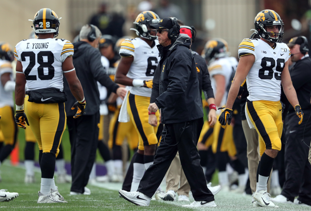 Iowa Hawkeyes quarterbacks coach Ken O'Keefe against the Northwestern Wildcats Saturday, October 26, 2019 at Ryan Field in Evanston, Ill. (Brian Ray/hawkeyesports.com)