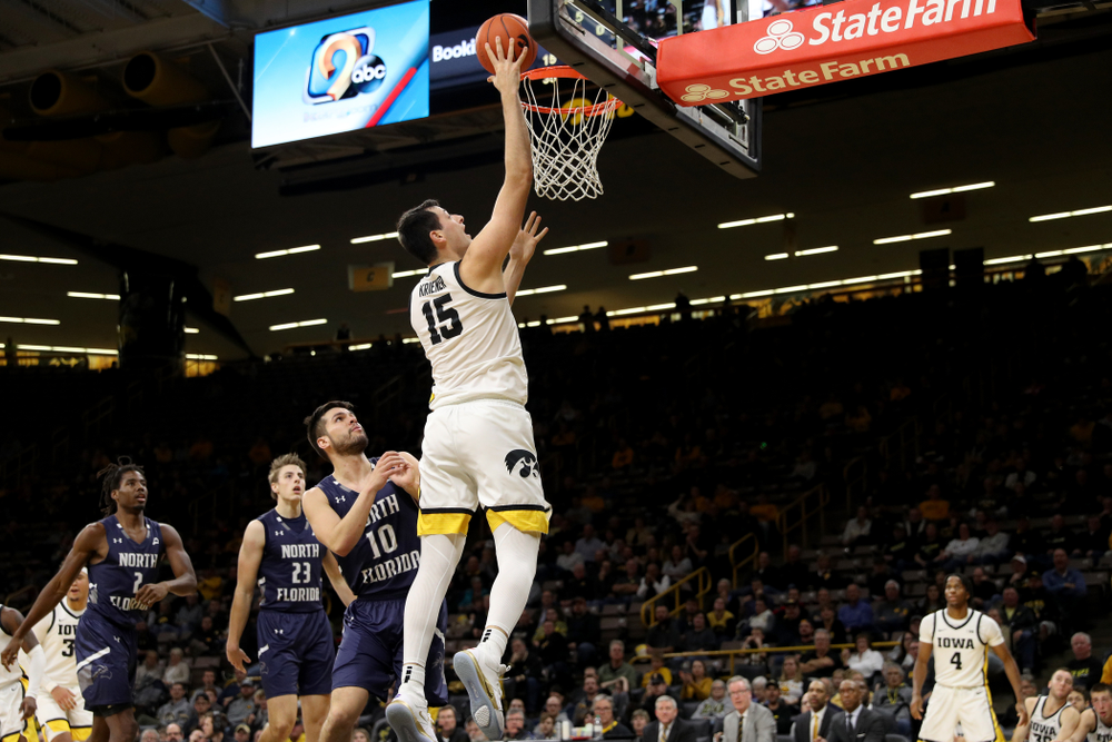 Iowa Hawkeyes forward Ryan Kriener (15) against North Florida Thursday, November 21, 2019 at Carver-Hawkeye Arena. (Brian Ray/hawkeyesports.com)