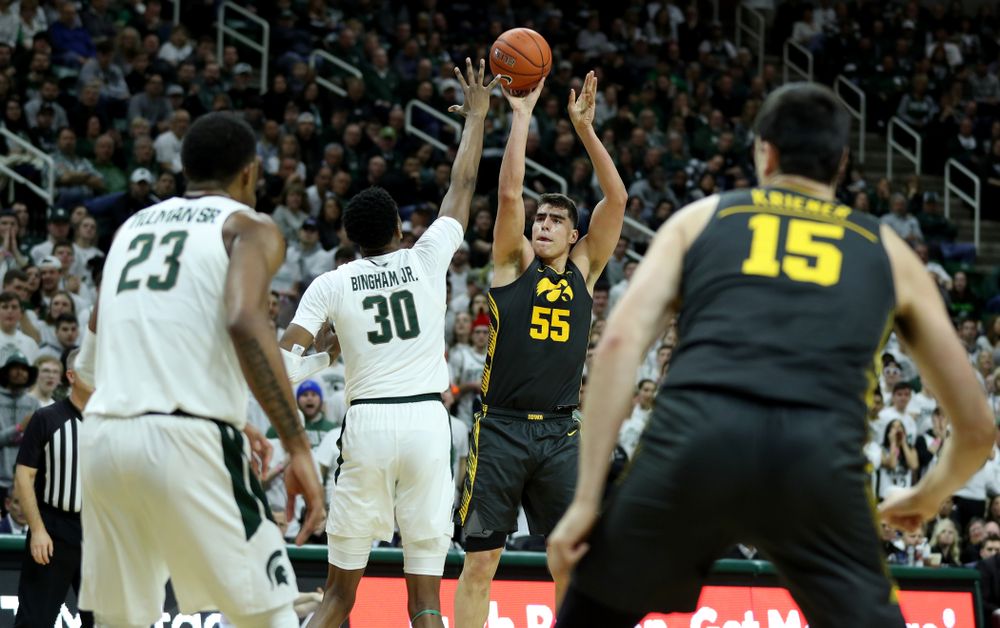Iowa Hawkeyes forward Luka Garza (55) against Michigan State Tuesday, February 25, 2020 at the Breslin Center in East Lansing, MI. (Brian Ray/hawkeyesports.com)