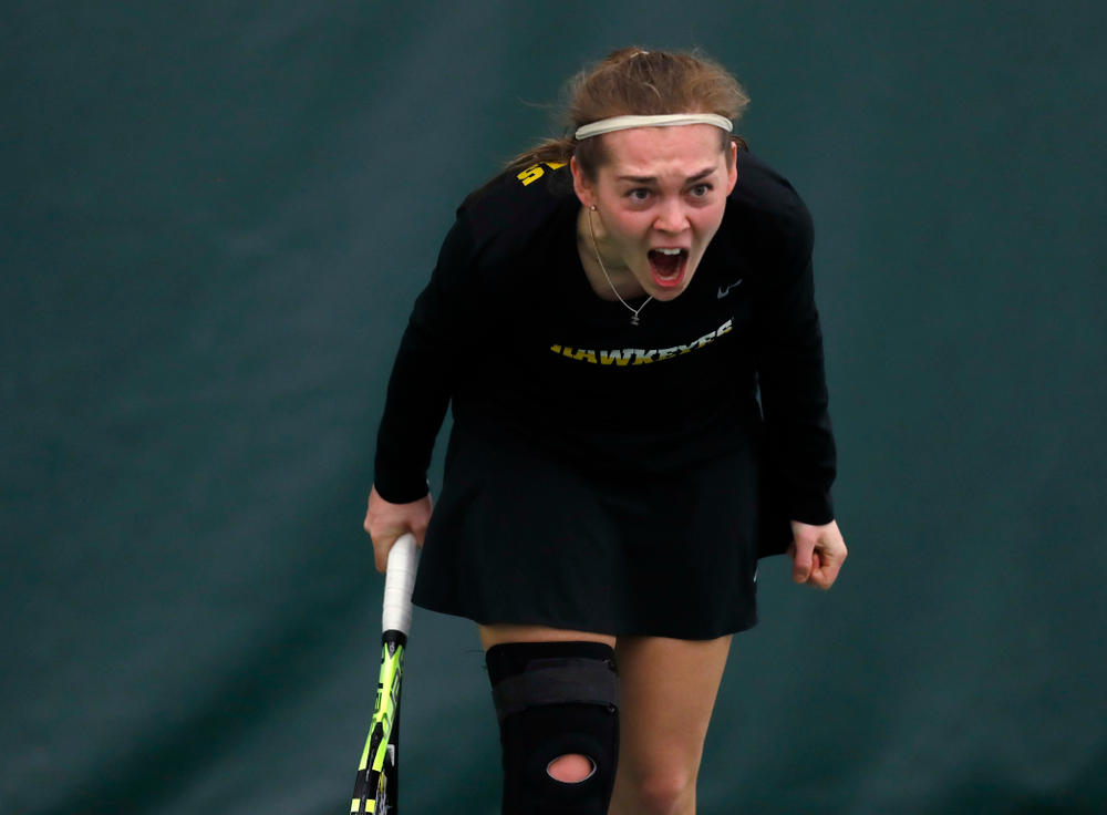 Zoe Douglas against Ohio State Sunday, March 25, 2018 at the Hawkeye Tennis and Recreation Center. (Brian Ray/hawkeyesports.com)