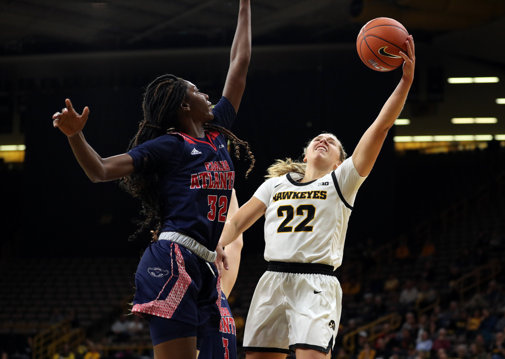 Iowa Hawkeyes guard Kathleen Doyle (22) against Florida Atlantic University Thursday, November 7, 2019 at Carver-Hawkeye Arena. (Brian Ray/hawkeyesports.com)