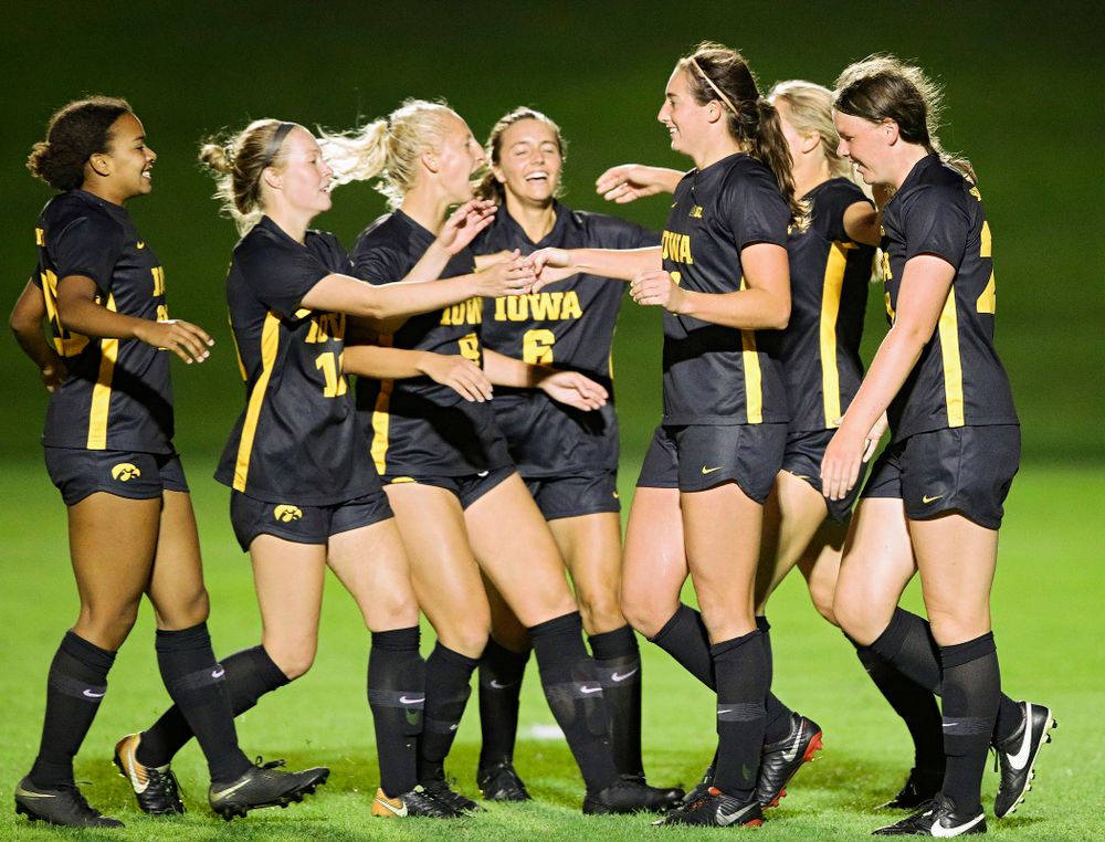 Iowa forward Kaleigh Haus (4) celebrates her goal with her teammates during the second half of their match against Illinois at the Iowa Soccer Complex in Iowa City on Thursday, Sep 26, 2019. (Stephen Mally/hawkeyesports.com)