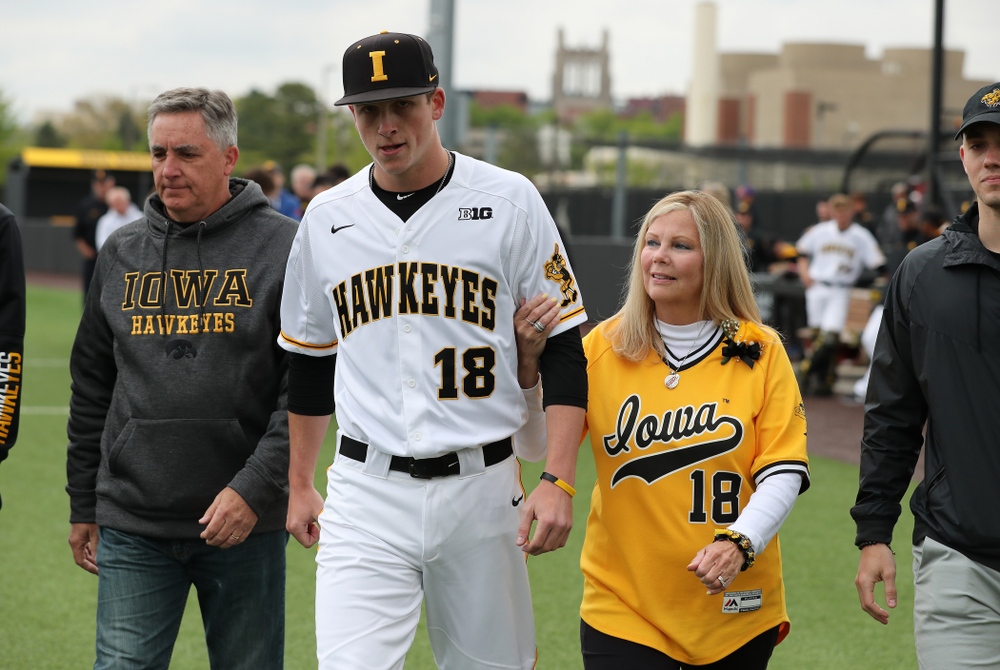 Iowa Hawkeyes Shane Ritter (18) during senior day festivities before their game against Michigan State Sunday, May 12, 2019 at Duane Banks Field. (Brian Ray/hawkeyesports.com)