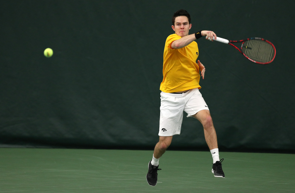 Jonas Larsen against Utah Sunday, February 10, 2019 at the Hawkeye Tennis and Recreation Complex. (Brian Ray/hawkeyesports.com)