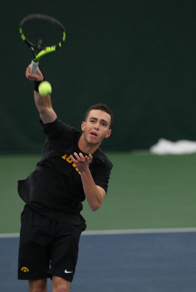 Iowa's Kareem Allaf against UMKC Friday, February 15, 2019 at the Hawkeye Tennis and Recreation Complex. (Brian Ray/hawkeyesports.com)
