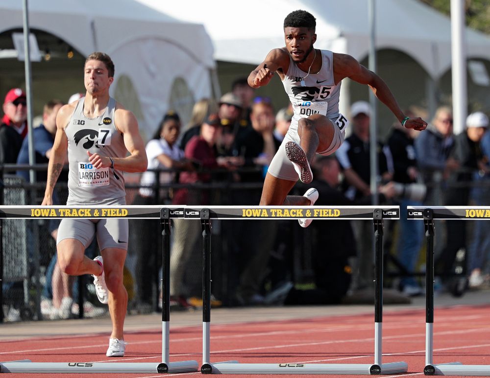 Iowa's Raymonte Dow runs the men’s 400 meter hurdles event on the first day of the Big Ten Outdoor Track and Field Championships at Francis X. Cretzmeyer Track in Iowa City on Friday, May. 10, 2019. (Stephen Mally/hawkeyesports.com)