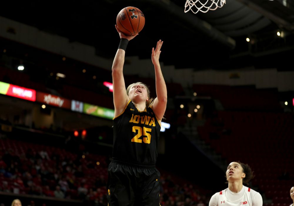 Iowa Hawkeyes forward/center Monika Czinano (25) against the Maryland Terrapins Thursday, February 13, 2020 at the Xfinity Center in College Park, MD. (Brian Ray/hawkeyesports.com)