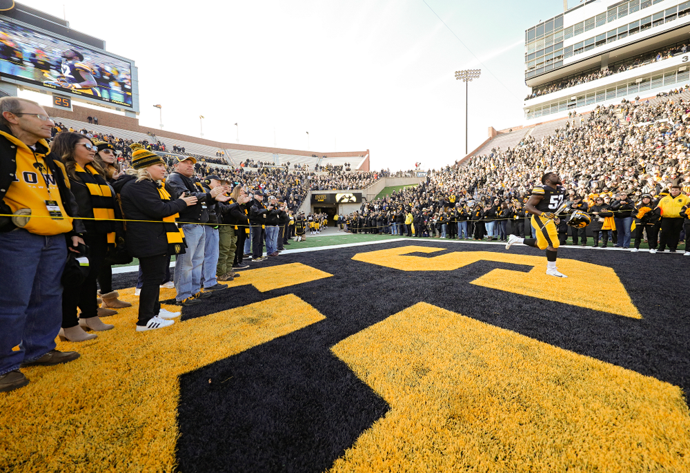 Iowa Hawkeyes linebacker Amani Jones (52) is acknowledged on senior day before their game at Kinnick Stadium in Iowa City on Saturday, Nov 23, 2019. (Stephen Mally/hawkeyesports.com)