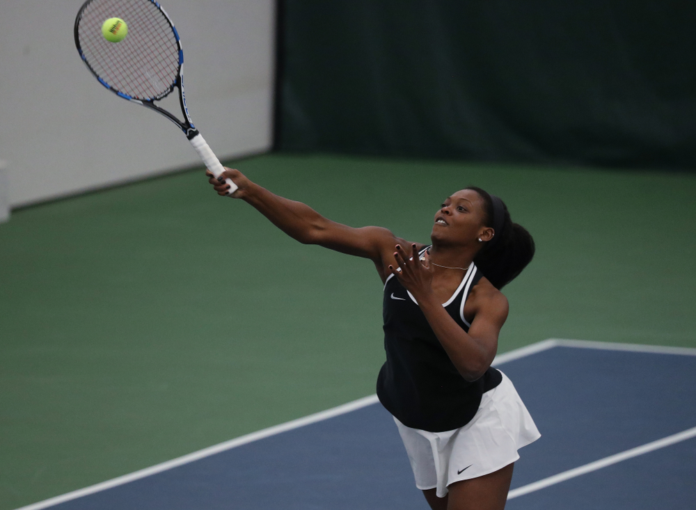 Iowa's Adorabol Huckleby during a doubles match against North Texas Sunday, January 20, 2019 at the Hawkeye Tennis and Recreation Center. (Brian Ray/hawkeyesports.com)