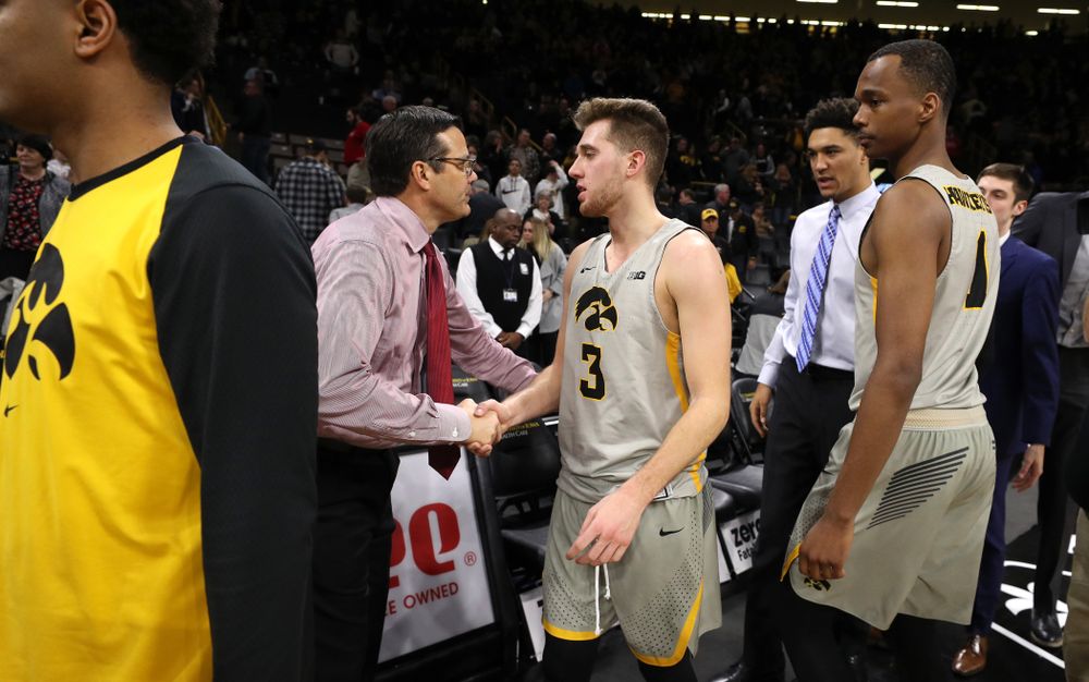 Iowa Hawkeyes guard Jordan Bohannon (3) against the Nebraska Cornhuskers Sunday, January 6, 2019 at Carver-Hawkeye Arena. (Brian Ray/hawkeyesports.com)