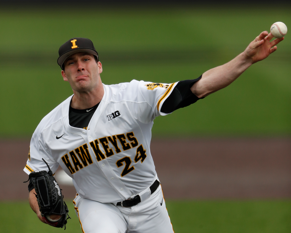 Iowa Hawkeyes pitcher Nick Allgeyer (24) during a double header against the Indiana Hoosiers Friday, March 23, 2018 at Duane Banks Field. (Brian Ray/hawkeyesports.com)