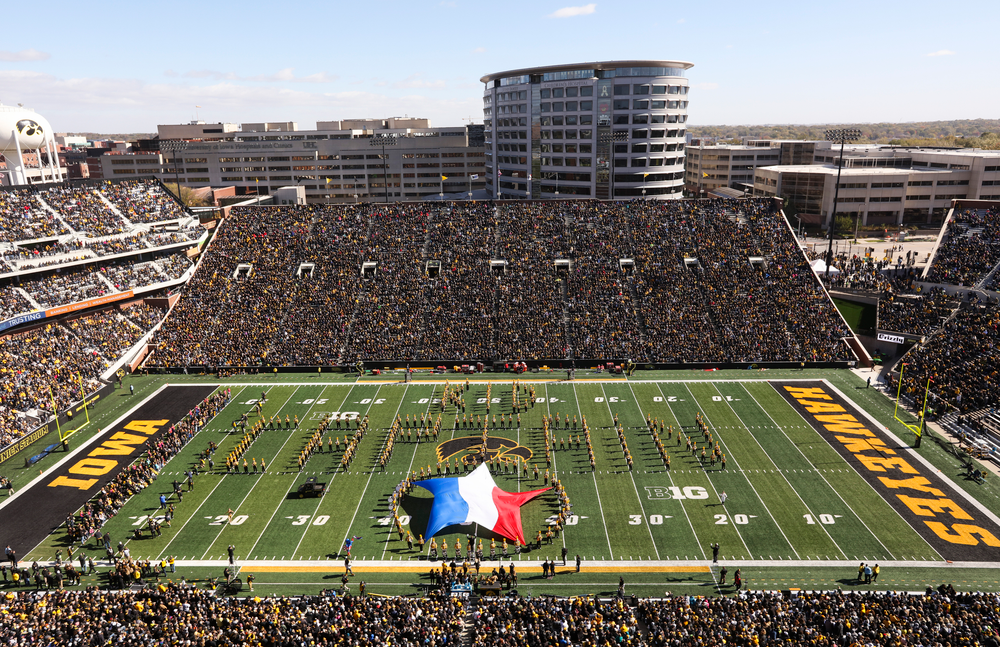 The Iowa Hawkeye Marching Band performs at halftime during a game against Maryland at Kinnick Stadium on October 20, 2018. (Tork Mason/hawkeyesports.com)