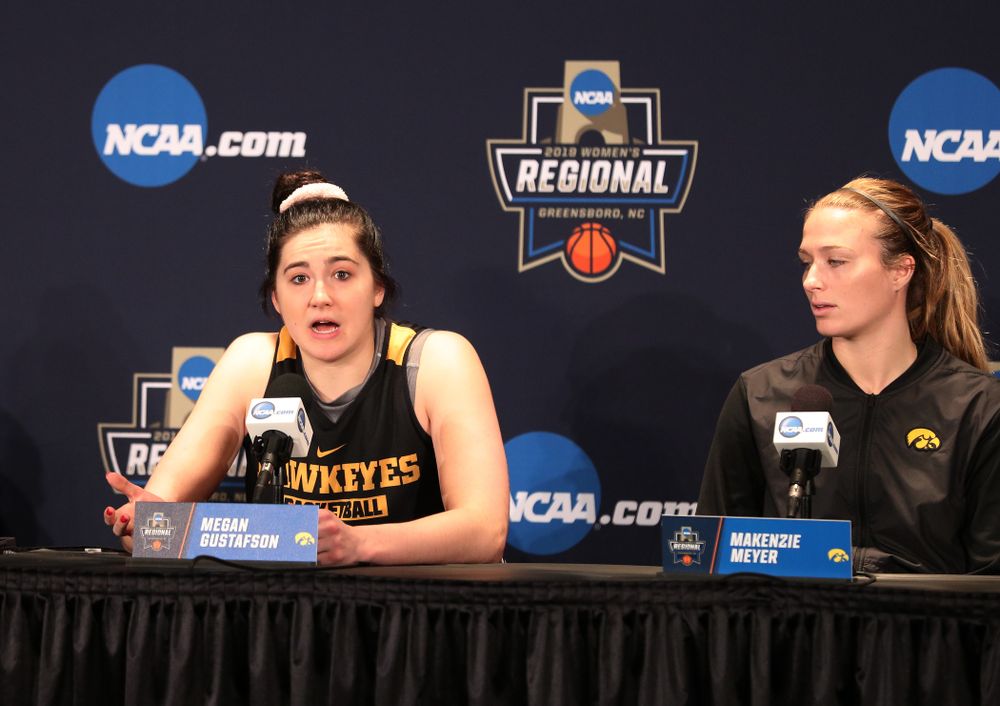 Iowa Hawkeyes forward Megan Gustafson (10) during practice and media before the regional final of the 2019 NCAA Women's College Basketball Tournament against the Baylor Bears Sunday, March 31, 2019 at Greensboro Coliseum in Greensboro, NC.(Brian Ray/hawkeyesports.com)