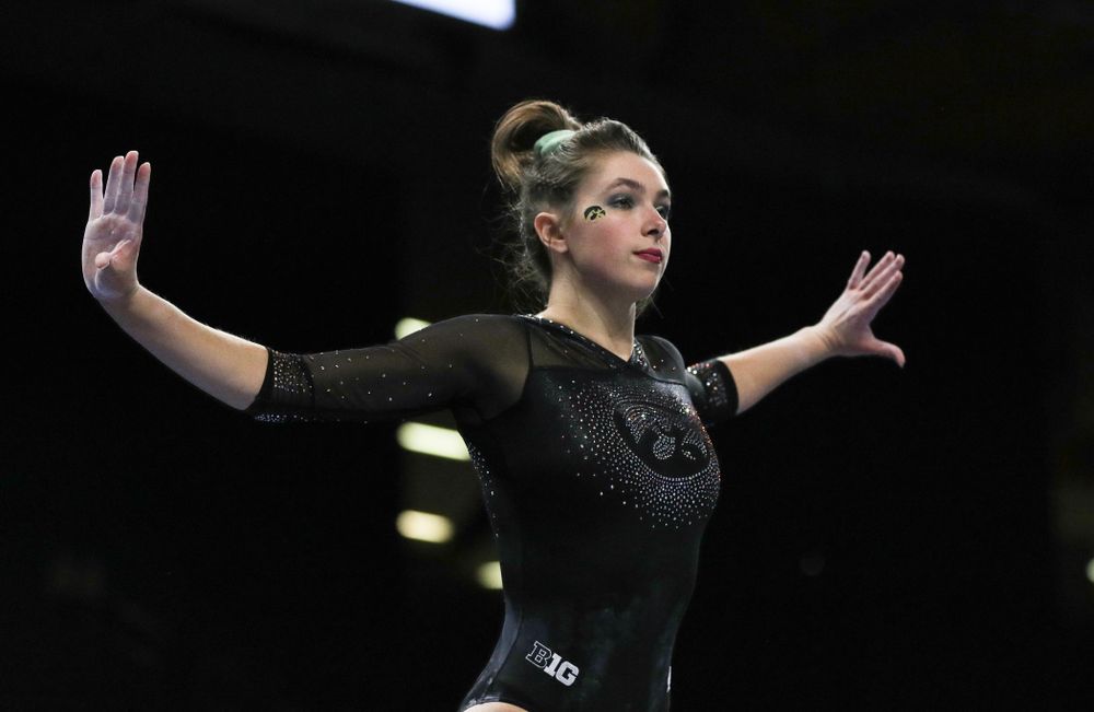 Iowa’s Bridget Killian competes on the beam against Michigan Friday, February 14, 2020 at Carver-Hawkeye Arena. (Brian Ray/hawkeyesports.com)