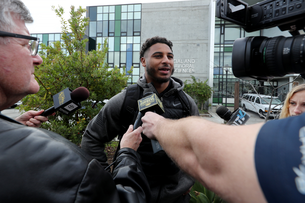 Iowa Hawkeyes defensive back Geno Stone (9) answers questions from reporters following Holiday Bowl Practice No. 3 Tuesday, December 24, 2019 at San Diego Mesa College. (Brian Ray/hawkeyesports.com)