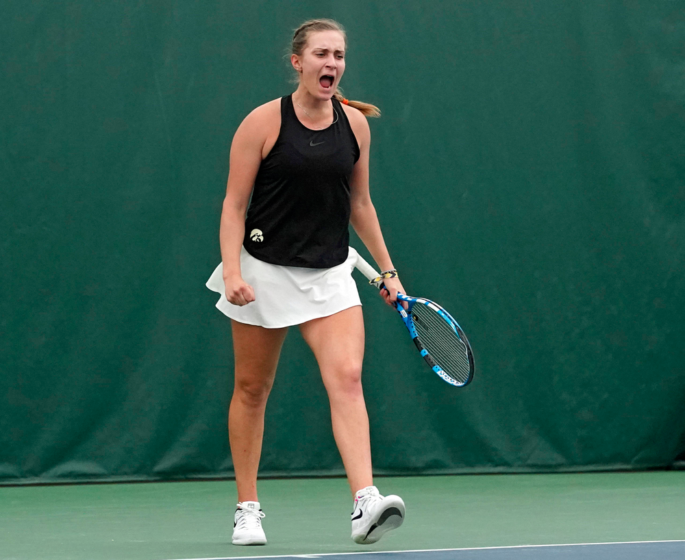 Iowa's Ashleigh Jacobs celebrates during their doubles match against Indiana at the Hawkeye Tennis and Recreation Complex in Iowa City on Sunday, Mar. 31, 2019. (Stephen Mally/hawkeyesports.com)