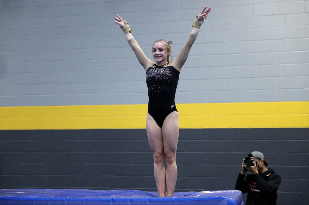 Iowa's Lauren Guerin competes on the vault during the Black and Gold intrasquad meet Saturday, December 1, 2018 at the University of Iowa Field House. (Brian Ray/hawkeyesports.com)