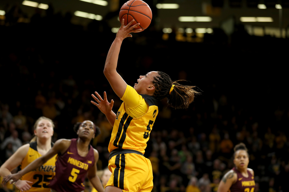 Iowa Hawkeyes guard Alexis Sevillian (5) against the Minnesota Golden Gophers Thursday, February 27, 2020 at Carver-Hawkeye Arena. (Brian Ray/hawkeyesports.com)