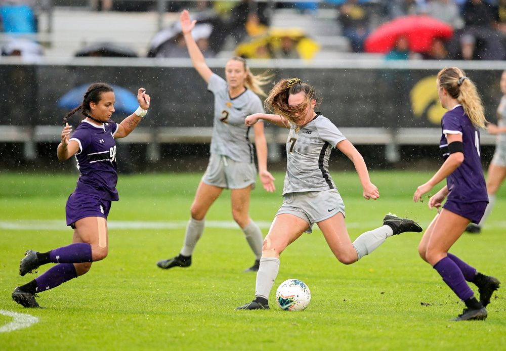 Iowa forward Skylar Alward (7) lines up a shot as her hair flies in her face during the second half of their match at the Iowa Soccer Complex in Iowa City on Sunday, Sep 29, 2019. (Stephen Mally/hawkeyesports.com)