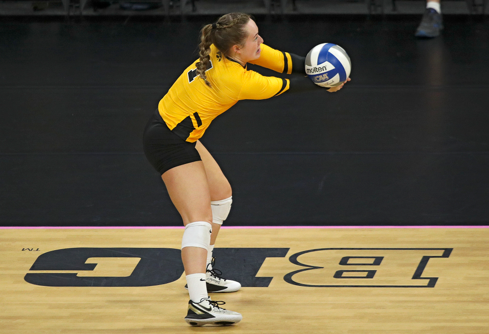 Iowa’s Joslyn Boyer (1) eyes the ball during their match at Carver-Hawkeye Arena in Iowa City on Sunday, Oct 20, 2019. (Stephen Mally/hawkeyesports.com)