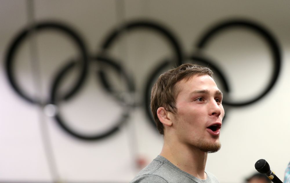 Iowa Hawkeyes 125 pound national champion Spencer Lee during the team's annual media day Monday, November 5, 2018 at Carver-Hawkeye Arena. (Brian Ray/hawkeyesports.com)