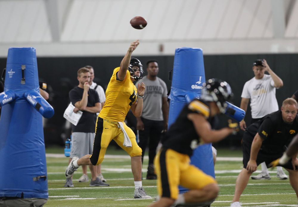 Iowa Hawkeyes quarterback Nate Stanley (4) During Fall Camp Practice No. 6 Thursday, August 8, 2019 at the Ronald D. and Margaret L. Kenyon Football Practice Facility. (Brian Ray/hawkeyesports.com)