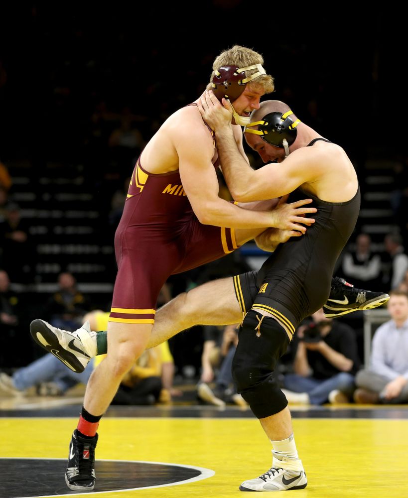 Iowa’s Alex Marinelli wrestles Minnesota’s Kasper McIntosh at 165 pounds Saturday, February 15, 2020 at Carver-Hawkeye Arena. Marinelli won the match by technical fall. (Brian Ray/hawkeyesports.com)
