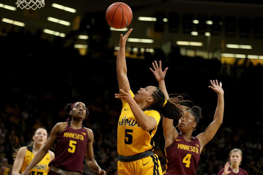 Iowa Hawkeyes guard Alexis Sevillian (5) against the Minnesota Golden Gophers Thursday, February 27, 2020 at Carver-Hawkeye Arena. (Brian Ray/hawkeyesports.com)