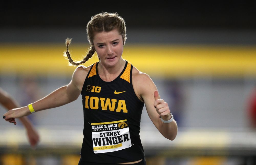 Iowa's Sydney Winger competes in the 60-meter hurdles during the Black and Gold Premier meet Saturday, January 26, 2019 at the Recreation Building. (Brian Ray/hawkeyesports.com)