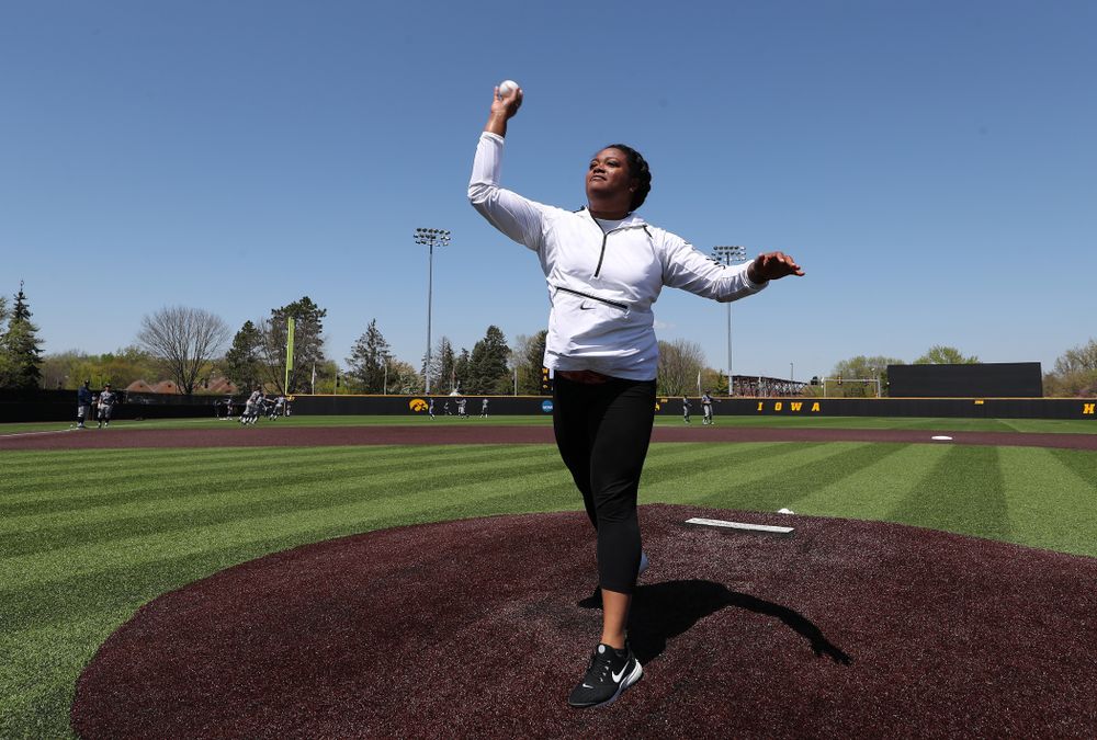 Iowa Track and FieldÕs Laulauga Tausaga throws out a first pitch before the Iowa Hawkeyes second game against UC Irvine Saturday, May 4, 2019 at Duane Banks Field. (Brian Ray/hawkeyesports.com)