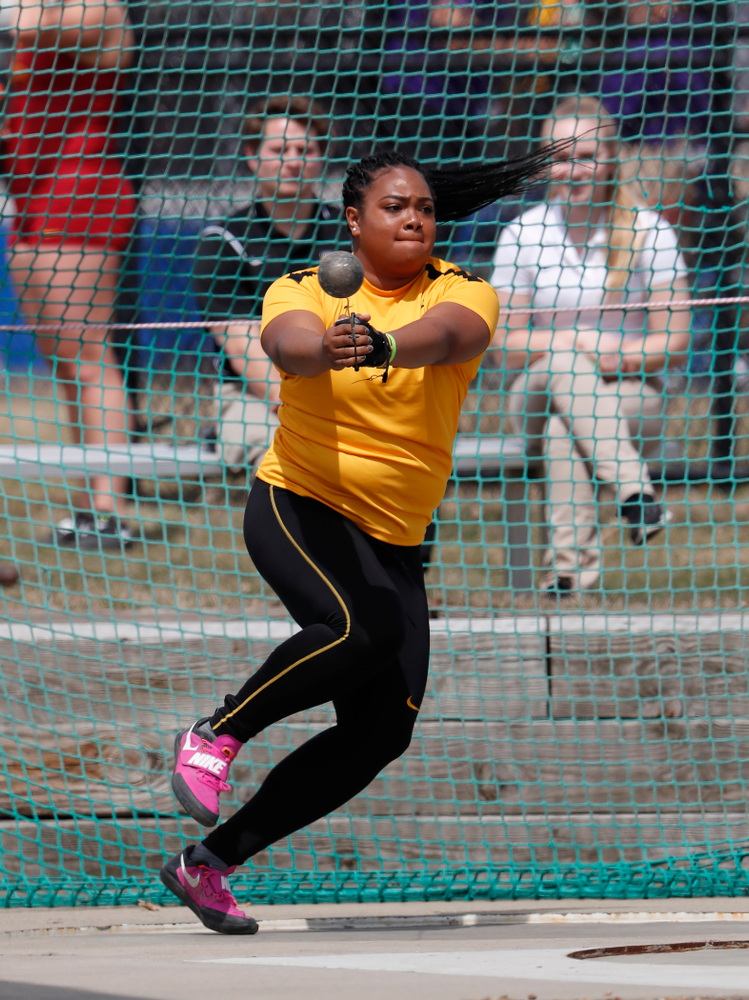 Iowa's Laulauga Tausaga competes in the hammer throw during the 2018 MUSCO Twilight Invitational Thursday, April 12, 2018 at the Cretzmeyer Track. (Brian Ray/hawkeyesports.com)