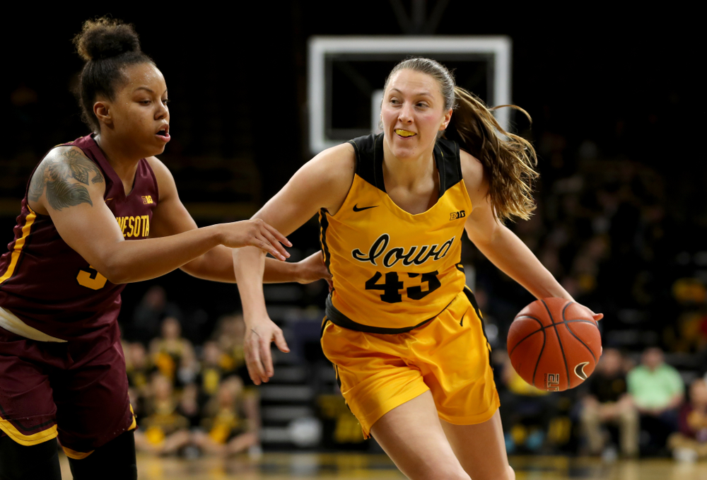 Iowa Hawkeyes forward Amanda Ollinger (43) against the Minnesota Golden Gophers Thursday, February 27, 2020 at Carver-Hawkeye Arena. (Brian Ray/hawkeyesports.com)