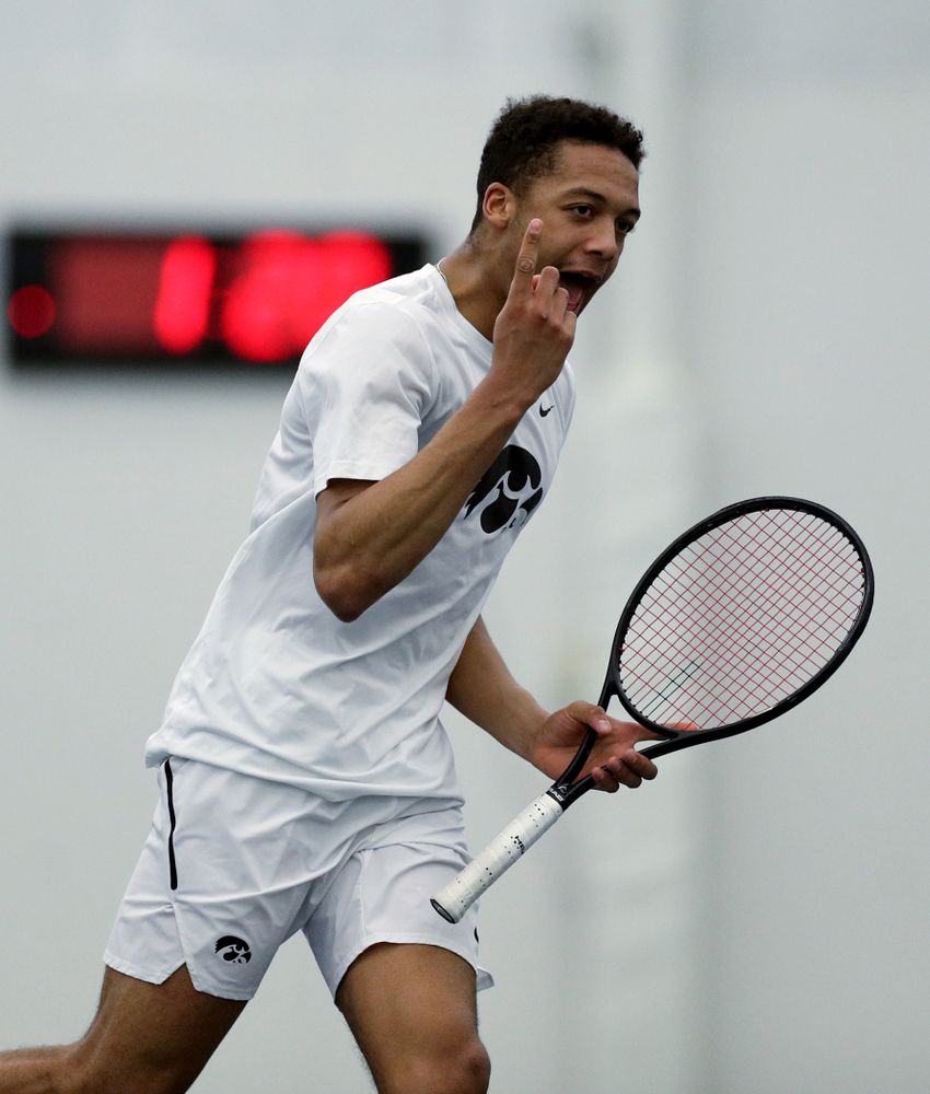 Iowa’s Oliver Okonkwo against Cornell Sunday, March 8, 2020 at the Hawkeye Tennis and Recreation Center. (Brian Ray/hawkeyesports.com)