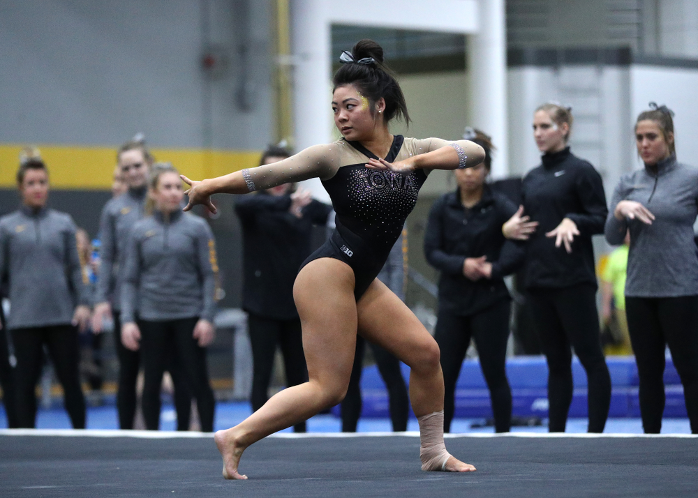 Clair Kaji competes on the floor during the Black and Gold intrasquad meet Saturday, December 1, 2018 at the University of Iowa Field House. (Brian Ray/hawkeyesports.com)