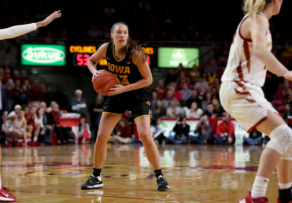 Iowa Hawkeyes forward Amanda Ollinger (43) against the Iowa State Cyclones Wednesday, December 11, 2019 at Hilton Coliseum in Ames, Iowa(Brian Ray/hawkeyesports.com)