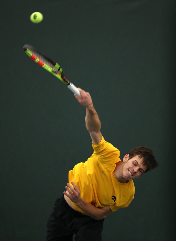 Piotr Smietana against the Butler Bulldogs Sunday, January 27, 2019 at the Hawkeye Tennis and Recreation Complex. (Brian Ray/hawkeyesports.com)